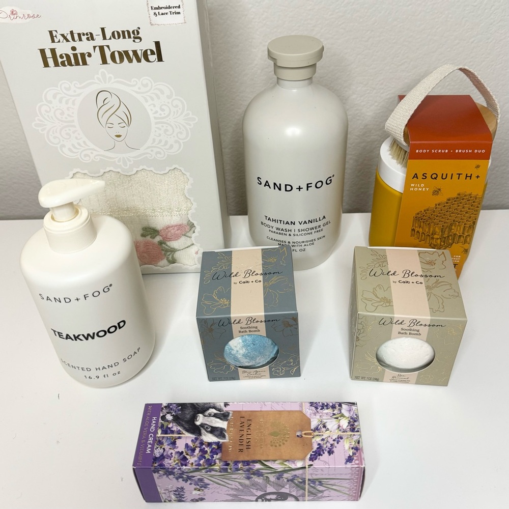 Beauty Skin Bundle Body Wash Scrub Bath Bomb Hand Soap Cream Hair Towel Wrap